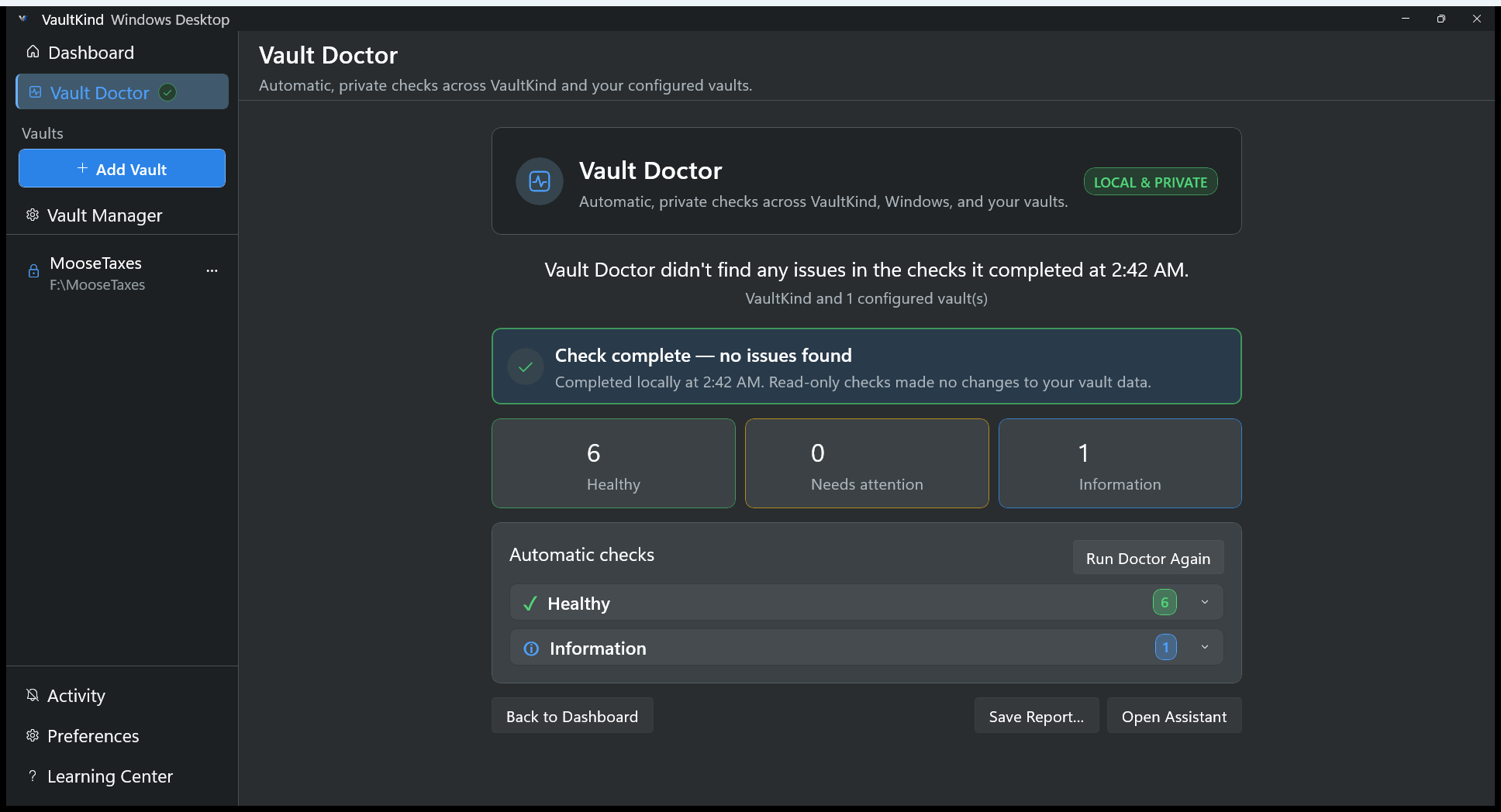 Vault Doctor reporting healthy local checks