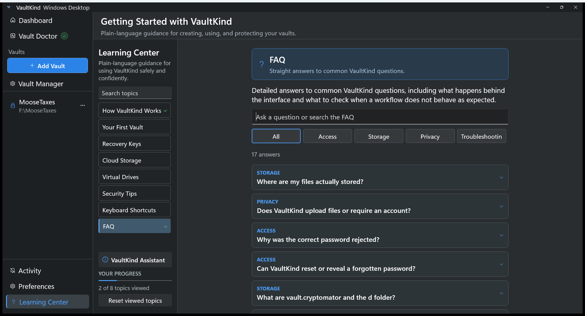 VaultKind searchable FAQ