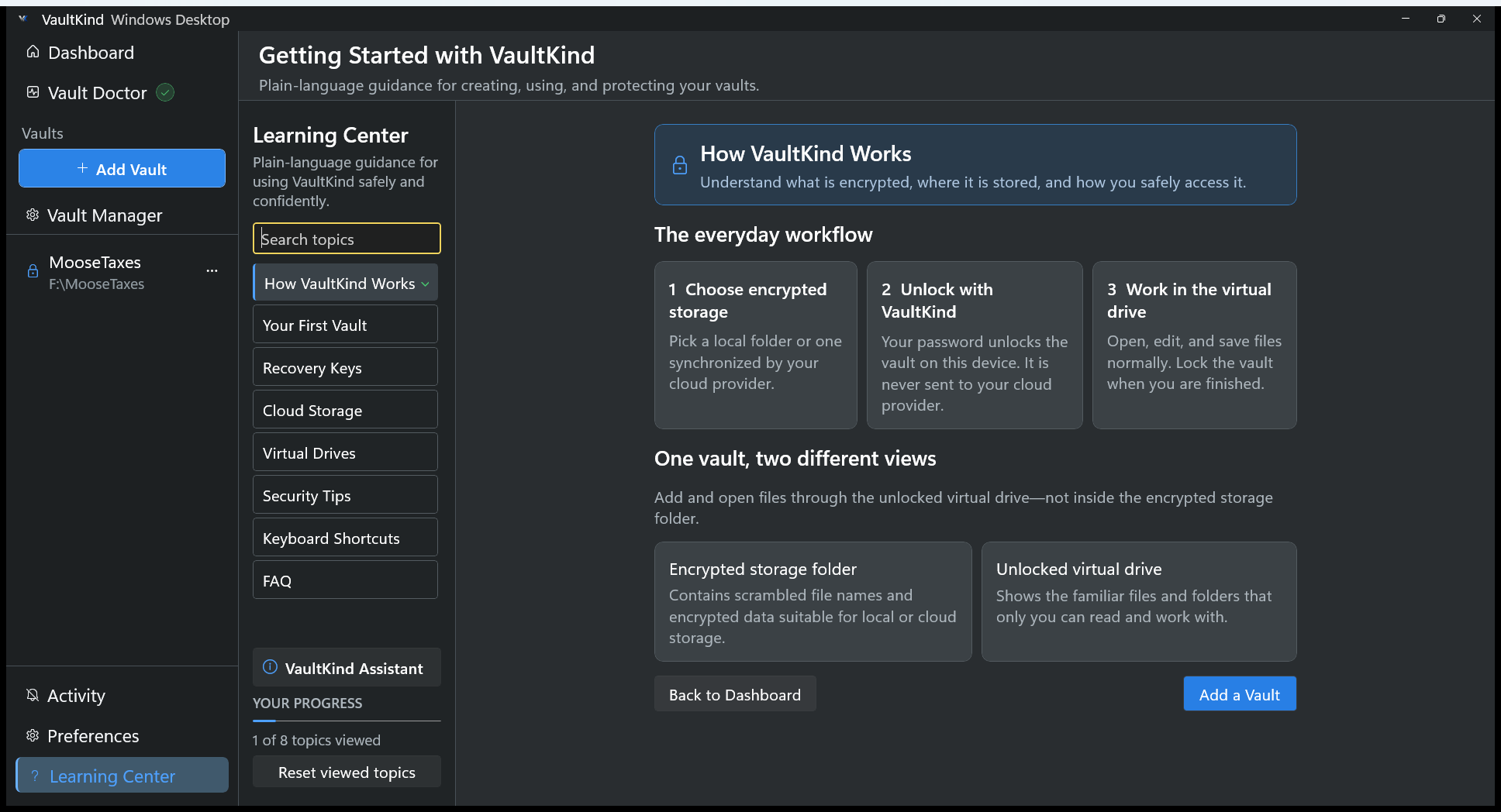 Learning Center encrypted-vault workflow
